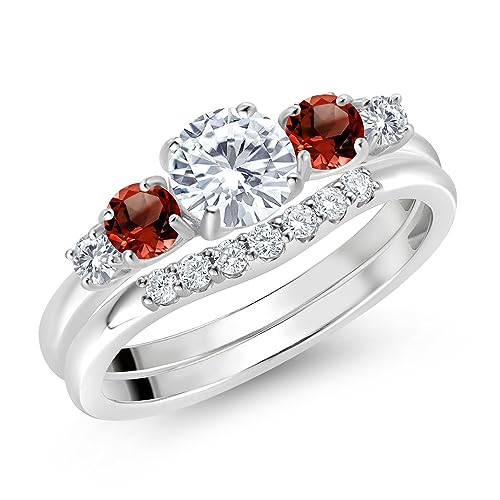 Gem Stone King 10K White Gold White Lab Grown Diamond and Red Garnet 5 Stone Bridal Engagement Wedding Ring Set For Women (0.91 Cttw, Round: 5MM and 3MM, Available in Size 5,6,7,8,9)2
