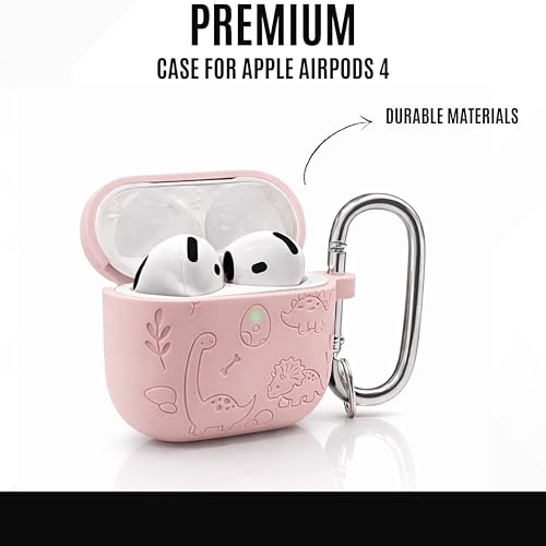 Image of Emoh Roced Case for Airpod 4 with Keychain,Silicone Dinosaur Engraved Cases Compatible with Apple AirPods 4th Generation 2024, Anti-Scratch, Protective Case Cover (Pink, for AirPods 4)