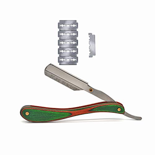 Straight Razor with 10 Blades, Single Blade Barber Straight Edge Razor for Men Women, Manual Hair Shaving kit Fits Single Edge Blade, For Barbers, Salons, Hair Enthusiasts (Green Wood)