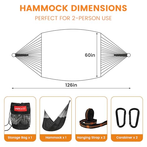 Image of Lazy Daze Hammocks Handwoven XL Mayan Hammock, 10.5 FT Soft Rope Double Hammocks, Portable Outdoor Hammock with Carry Bag, 2 Straps & Carabiners for Patio Outside, 550 lbs Weight Capacity, Gray