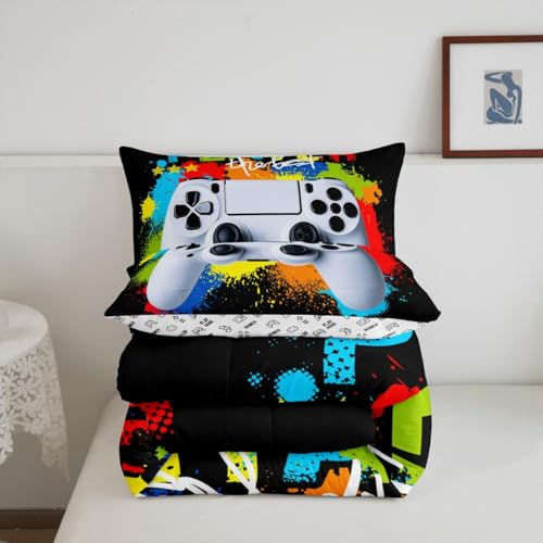 Image of Gamer Comforter Sets for Boys Kids Gaming Comforter King Size Teens Girls Colorful Rainbow Tie Dye Decor Video Games Controller Bedding Set Young Men Player Reversible Quilt for All Season 3Pcs Boys