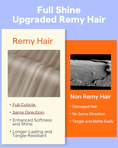 Image of Full Shine Clip in Human Hair Extensions, Ash Blonde Highlight | Real Hair Clip in Extensions, Blonde Remy Hair Extensions, Double Weft, for Fine Thinning Hair, 24 Inch 7 Pcs 120g