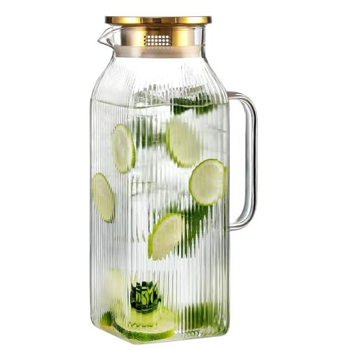 TCCHDM Square Glass Pitcher with Lid Classic Stripes Water Pitchers with Handle for Fridge Large Jug for Iced Tea Coffee Borosilicate Glass Carafe for Hot/Cold Brew Drink Gold 2 Liter/68 oz