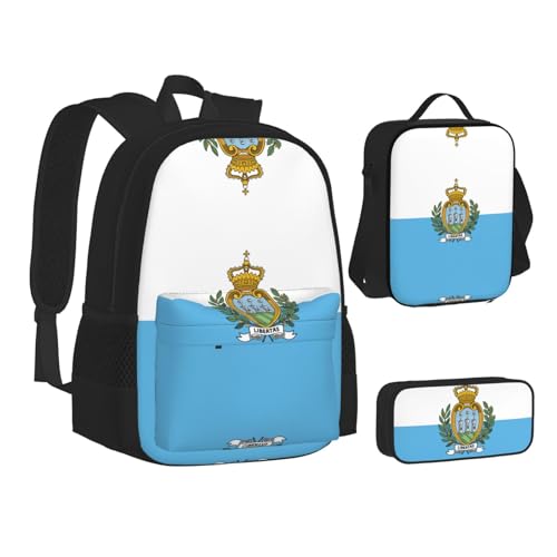 Flag Of San Marino Print 3 Piece Set Backpack, Lunch Bag, Pencil Case, Cute Sturdy For College And Travel2