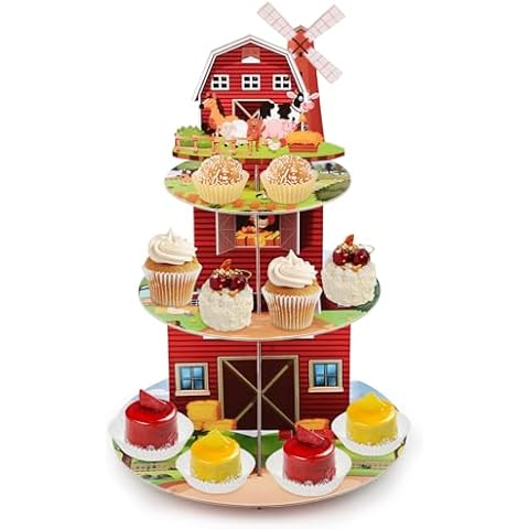 Eaezerav Farm Party Decorations Cupcake Stand 3 Tier, Farm Animal Cupcake Topper cardboard Cupcake Holder for Farm Birthday Theme Party Favor Supplies Cover