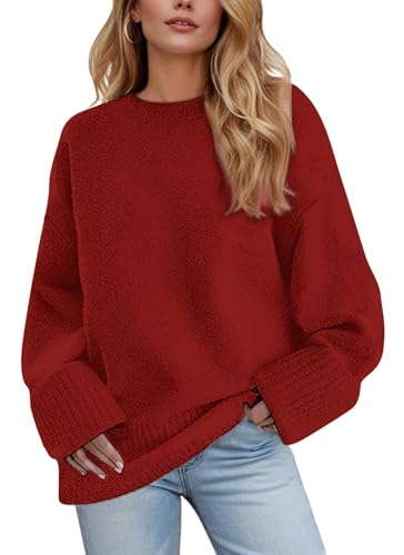 Image of Women's Oversized Crewneck Sweaters, Long Sleeve Fuzzy Knit Casual Chunky Warm Fall Pullover Sweaters Top Trendy Outfits