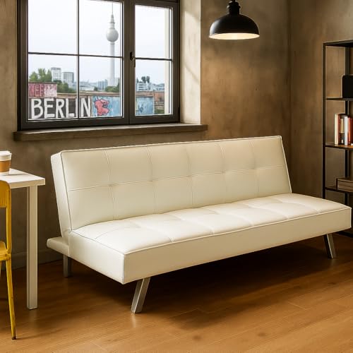Homely | Sofá Cama de 3 plazas - KOHTAO | Apertura Clic-clac | Tapizado en Polipiel | Sofás de Salón Modernos | Sofá Acolchado Cómodo | Sin Reposabrazos | Color Blanco Crema | 176 cm