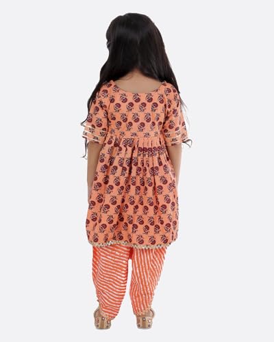 Image of superminis Cotton Blend Baby Girl's Jaipuri Print Frock Style Kurti With Frill Sleeves And Dhoti Style Salwar With Elastic Closure Ethnic Dress Clothing Set