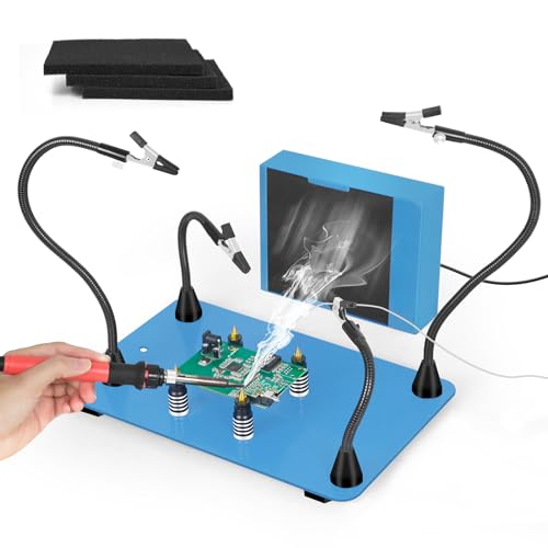 Magnetic Helping Hands Soldering Third Hand with 12V Solder Fume Extractor, 4 PCB Pillars and Soldering Arms, Extra Large & Heavy Duty Base Solder Station for Soldering Welding Jewelry DIY