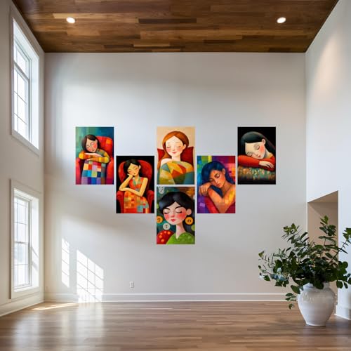 Image of SiddArtify Modern Portrait Wall Art Poster Print Set - Colorful Woman Sleeping Prints for Living Room Bedroom Decor - 12x18 inch Sticker Pack of 6