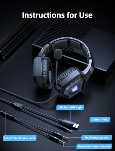 Image of Gaming Headset with Microphone, Gaming Headphones Compatible for PS4 PS5 Xbox PC with RGB Lights, PlayStation Headset with Noise Reduction 7.1 Surround Sound Over-Ear and Wired 3.5mm Jack (Black)