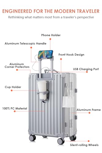 24 Inch PC Hard Shell Checked In Luggage with Aluminum Frame, Silver Suitcase with Cup Holder and USB Port, Zipperless Luggage for Business Travel3
