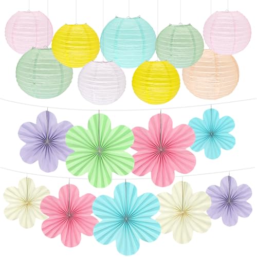 Peywot 18Pcs Pastel Hanging Colorful Paper Lanterns Pastel Paper Flowers Fans for Birthday Wall Classroom Baby Shower Wedding Party Decorations Set