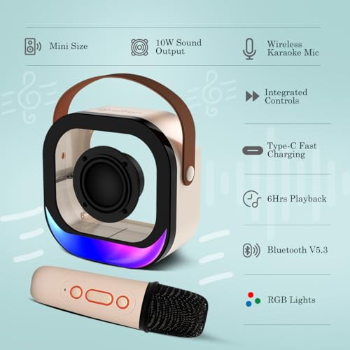 Image of pTron Fusion Moment 10W Mini Bluetooth Speaker with Wireless Karaoke Mic, RGB Lights, Voice Change Effects, 6H Playtime, Bluetooth v5.3 & Type-C Fast Charging (Cream)