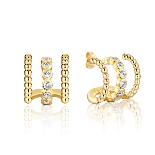 GULICX Gold Earrings for Women Trendy, 925 Sterling Silver Post Triple Hoops Illusion Stud Earrings with Cubic Zirconia, Claw Earrings Cuff for Women