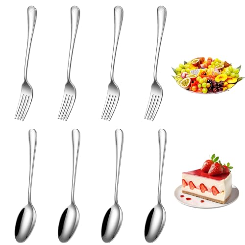 8-Piece 14.3cm Cake Forks and 12.5cm Spoons, Stainless Steel Soup Spoons and Dessert Forks, Ideal for Home Dining, Catering Events, Weddings, Picnics, Buffets