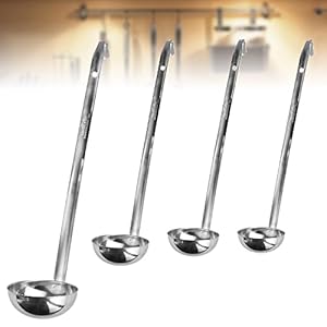4 PCS Soup Ladle Stainless Steel, 1/2/3/4 oz Sauce Spoon Metal Gravy Ladle Professional Serving Ladle Small Canning Ladle Kitchen Utensil Spoon with Hook & Long Handle for Cooking, Silver