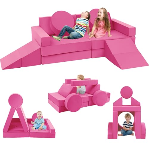 Tykacna 18pcs Kids Building Fort, Modular Play Couch, Convertible Foam Sofa for Toddler and Baby Playroom, Fold Out Sectional Set for Creative Girls Boys (Barbie Pink)