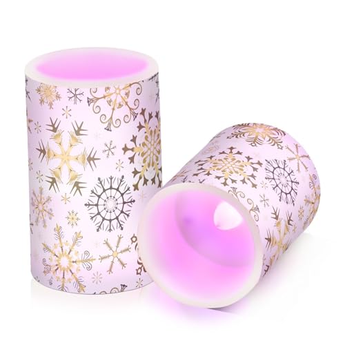 Image of Christmas Lights Decorations Flameless Candles Golden Snowflake White Pillar Candles Set of 2 Battery Operated Remote Control Warm Lights