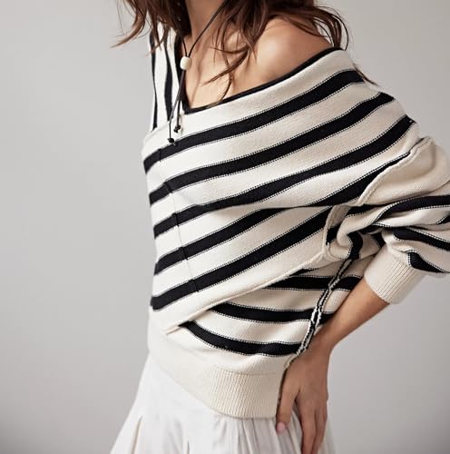 Image of Women Oversized Off The Shoulder Sweaters Tops Long Sleeve Striped Knit Pullover Drop Shoulder Color Block Sweater Black and White, Small