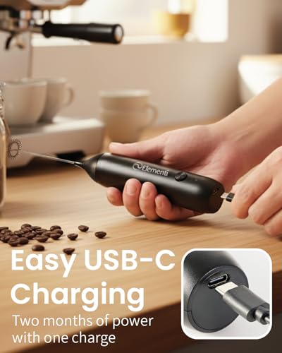 Image of Elementi Milk Frother Wand Rechargeable Drink Mixer - Powerful USB-C Rechargeable Frother Handheld & Coffee Mixer Wand - Hand Held Milk Foamer to Make Perfect Cappuccinos, Lattes & Drink Mixes (Black)