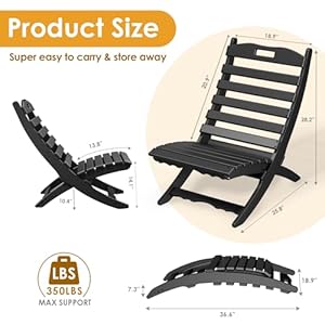 IVYLANE Portable Xavier Chairs Set of 4 Folding Adirondack Chair Wave HDPE Plastic Black All Weather Resistant for Outdoor Fire Pit Patio Lawn Beach Poolside