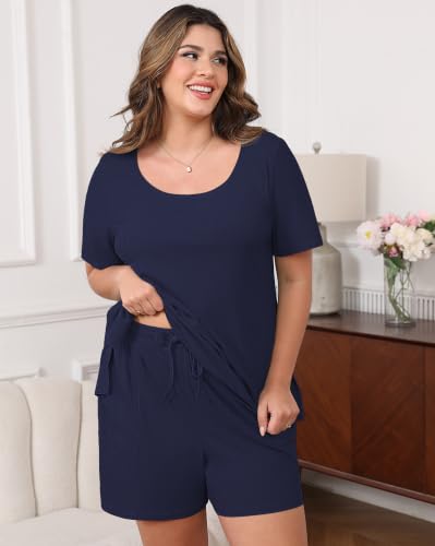 Image of Womens Plus Size Pajama Sets 2 Piece Summer Outfits Short Sleeve Tops Shorts with Pockets for Lounge Sleepwear