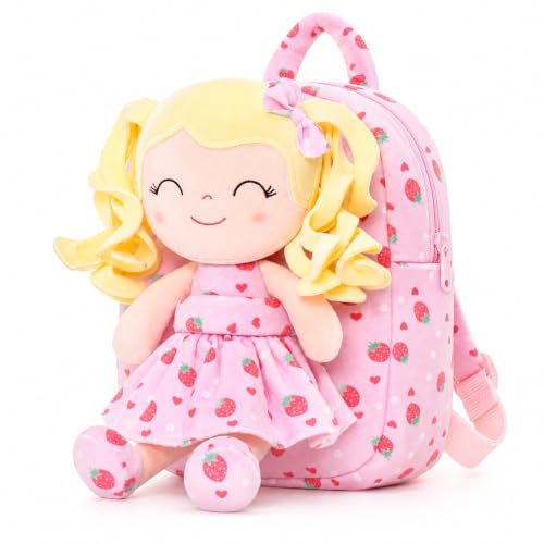 Image of Gloveleya Toddler Backpack Baby Girl Gifts Curly Hair Plush Figures Dress Backpack Kids Backpack Curly Spring Girl Fruit - Strawberry 9inches