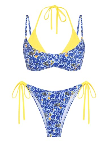 Image of ZAFUL Women's Polka Dot Bikini Set Double Layer Halter Swimsuit Colorblock Side Tie 2 Piece Bathing Suit