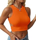Dwnval Womens Summer Halter Tops Cutout Sleeveless Crewneck Racerback Ribbed Knitted Crop Tank Top(Orange,S)