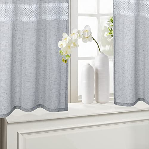 Caremee Lace Tassel Short Curtains Linen Textured Kitchen Curtains Semi Sheer Tier Curtains Farmhouse Window Curtain Panels Cafe Curtains For Small Window Half Window Treatment, W27 X L36, Grey #TOP1