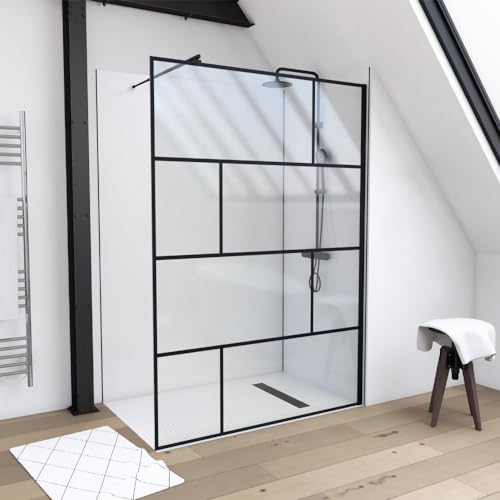 MARWELL Duschwand in modernem Design 140 x 195 cm - Glasdusche mit matt schwarzen Wandprofil - Einscheibensicherheitsglas für höchste Sicherheit - Montage auf Duschwanne oder Fliese