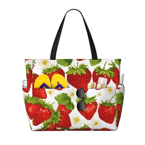 Fashion Strawberry Print Beach Bag Waterproof Beach Totes Bags For Women, Lightweight Foldable Pool Bag With Zipper Wet Compartment