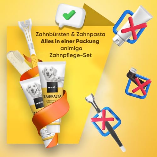 animigo 2X Hundezahnpasta (je 100g), 1x dreiköpfige Hundezahnbürste & 1x Fingerzahnbürste - Gegen Plaque & Zahnstein - Ohne Zuckerzusatz, künstliche Farbstoffe & Aromen - Ohne Fluorid oder Xylitol