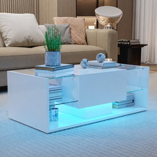 Table Basse Rectangulaire, Table Basse brillante avec Bande Lumineuse LED Suspendue, Tables de Salon Moderne avec Rangement, Table Basses avec Etagère Ouverte...