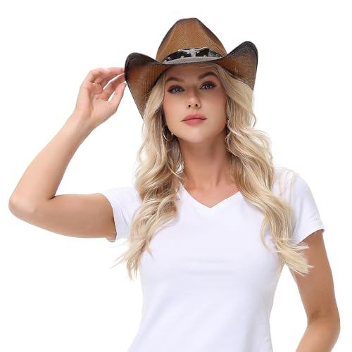 Image of WQWOVRVO Cowboy Hat,Cowgirl Hat,Western Cowboy Hats for Women /Mens /Straw Wide with Shapeable Brim Cowboy Hat for Womens