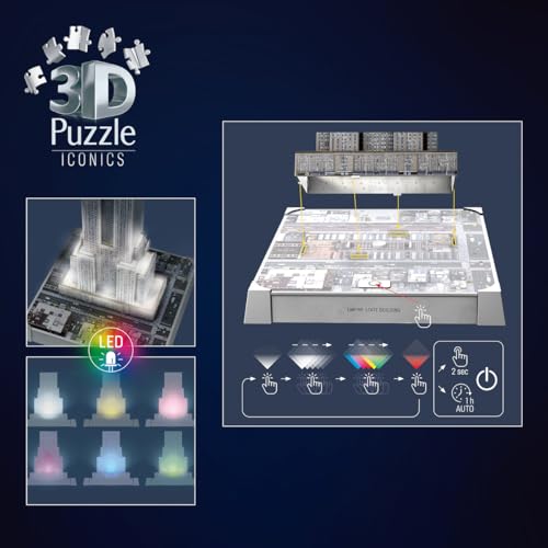 Ravensburger - Puzzle 3D Empire State Building Lumineux - Monument à Construire sans Colle - 216 Pièces - Socle LED Multicolore - Dès 10 Ans - Lampe Déco - 12008026