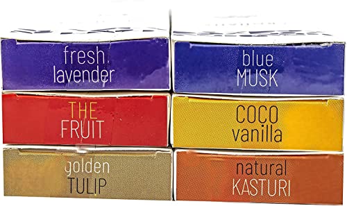 Fine Exotica Incense Sticks Variety Pack Fragrance Hem Organic Less Smoke Used At Home Office Natural Choice (Lavender, Coco Vanilla, Blue Musk, Kasturi, Fresh Fruits, And Golden Tulip) Brown #TOP2