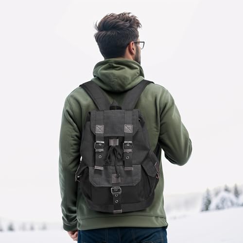 Vintage Canvas Backpack for Men Women, Durable Casual Daypack, Large Capacity Travel Rucksack Fits for Hiking and Daily Use (Black)2