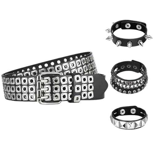 NUREINSS Damen Gürtel Set mit Armband | Punk Rock Streetwear Accessoire | Verstellbarer Nietengürtel für Konzerte, Partys & Tageslook | Edgy Style für individuelle Outfits (3.8cm Breite) Silber