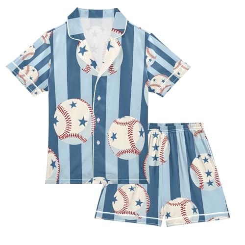 senya Baseball Blue Background Satin Summer Pajama Sets Silk Short Sleeve Button Down Sleepwear