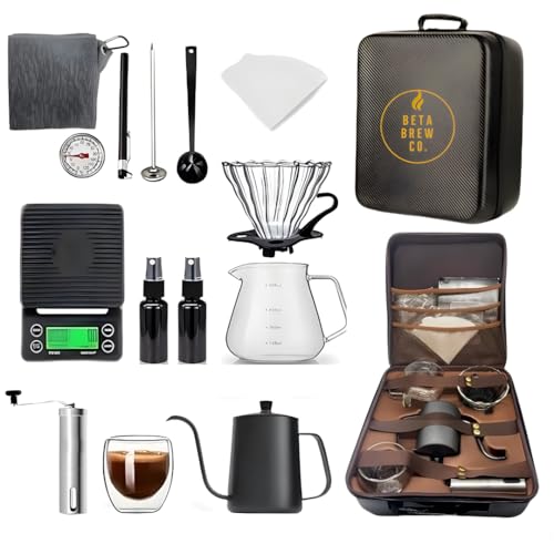 BETA BREAW CO. 10 Pack V60 Coffee Kit with Complete Pour Over Coffee Maker Set All in 1 Travel Manual Brew V60 Coffee Set with Grinder Server Kettle Filter Scale Glass Drip & Mug in Gift Bag