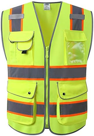 JKSafety 9 Pockets Class 2 High Visibility Zipper Front Safety Vest with Reflective Strips, Yellow Meets ANSI/ISEA Standards (UK150-Yellow-XL)