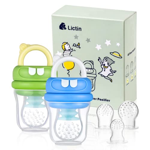 Image of Lictin Baby Fruit Food Feeder Pacifier, 2-Pack Fresh Food Feeder, Infant Teether Toy, Silicone Fruit Teether for Babies, Infant Fruit Teething Toy, with 6 Replaceable Silicone Teething Pacifiers