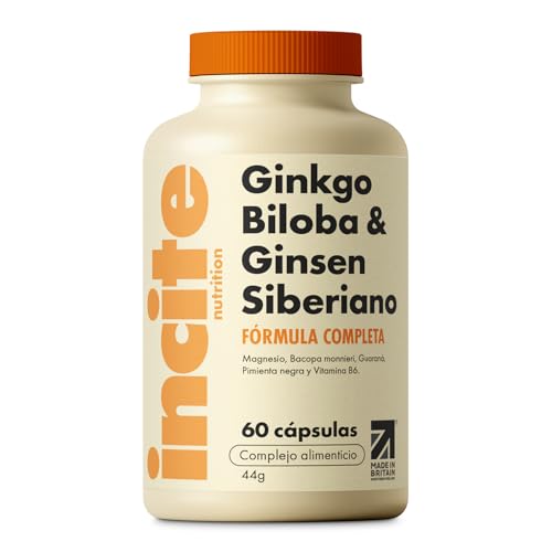 Incite Nutrition Complejo de Ginkgo Biloba + Ginseng Siberiano. 60 Cápsulas. Soporte Cognitivo, Refuerzo de la Energía y Potenciación del Foco. Nootrópico y Adaptógeno. Apto Vegetarianos y Veganos