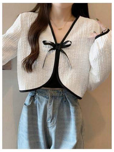 MakeMeChic Women's White Bow Tie Front Jacket – Trendy Cropped Outerwear for Any Occasion in Small Size - Image 5