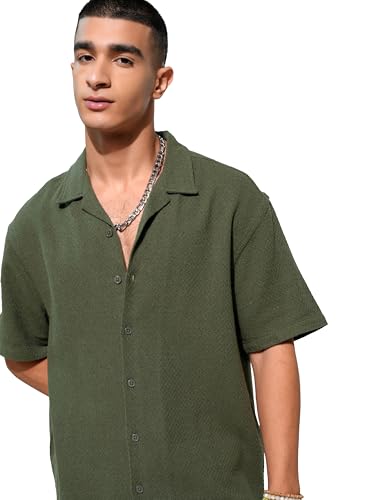 Image of Highlander Men's Oversized Shirts | Self Design | Half Sleeves | Cuban Collar | Casual Shirts | Stylish Shirt