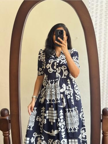 Image of Women Fit and Flare Blue Calf Length Dress Half Sleeves Printed Gown | Gown C1 7