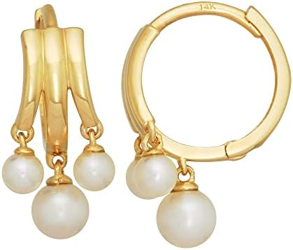 14K Real Solid Gold Pearl Hoop Earrings, Cartilage Daith Helix Tragus Conch Earlobe Snug Hinged Huggie Hoop Ear Clicker Ring Piercing - 1 Pair (Yellow Gold)