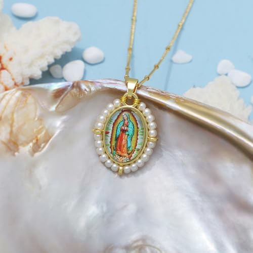 KOMI Our Lady of Guadalupe Pendant Necklace for Women Dainty 18K Gold Plated Mary Medal with Pearl Protection Necklace Catholic Religious Jewelry by KOMI - Used condition - Image 3